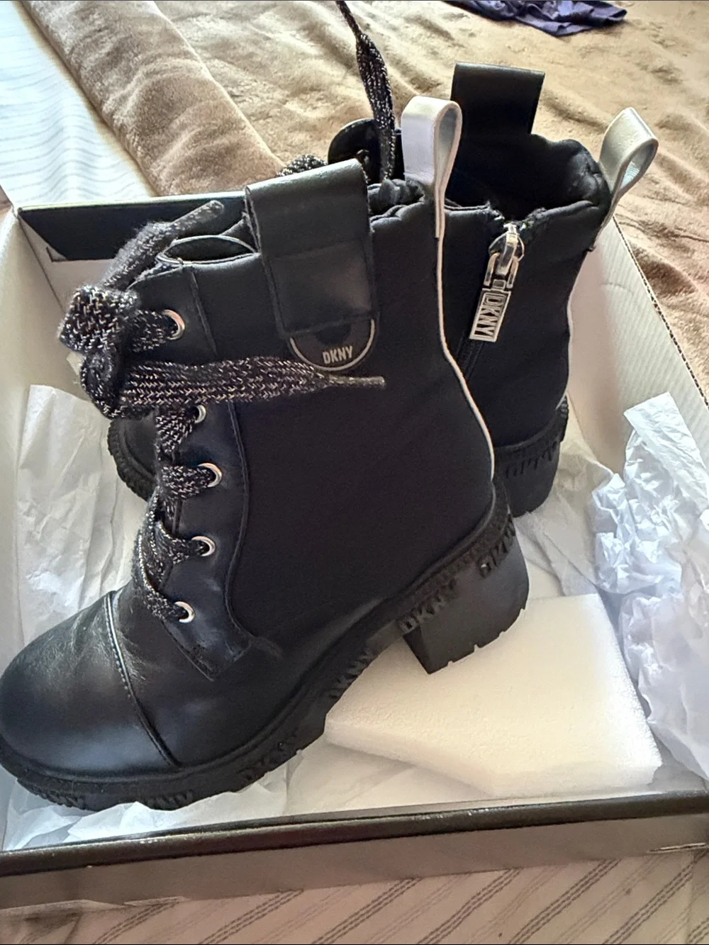 DKNY Black Lace-Up Ankle Boots with Branded Zip Pull